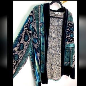 Chicos Velvet And Silk Peacock Print Duster Cardigan SZ 1 ca fit up to XL
